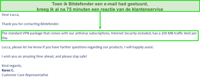 Screenshot van een ondersteunings-e-mail van Bitdefender.