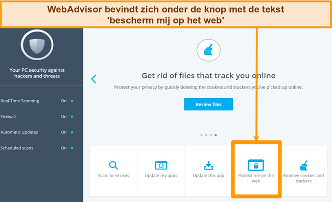 Schermafbeelding van het McAfee-app-dashboard met de functie WebAdvisor