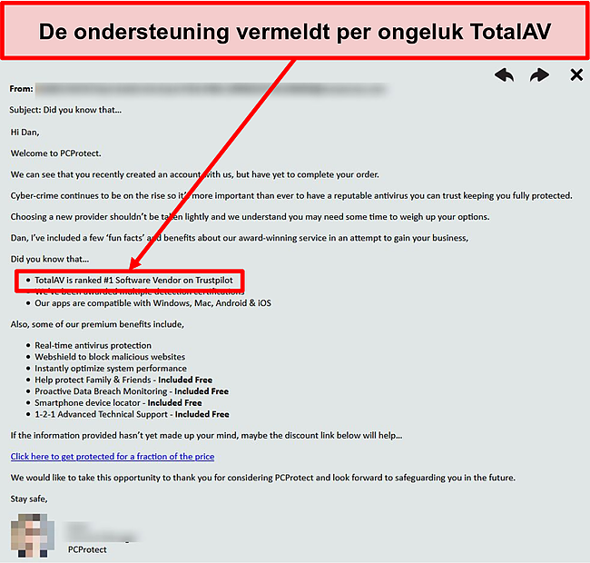 Screenshot van het ondersteuningsteam van PC Protect dat Total AV per ongeluk aanbeveelt als de nummer 1 keuze.