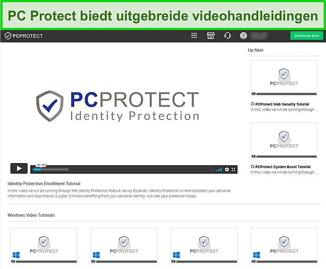 Screenshot van de video-tutorials van PC Protect die toegankelijk zijn via de website.