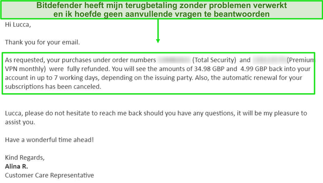 Screenshot van een succesvolle e-mail met een restitutieverzoek van een Bitdefender-ondersteuningsagent.