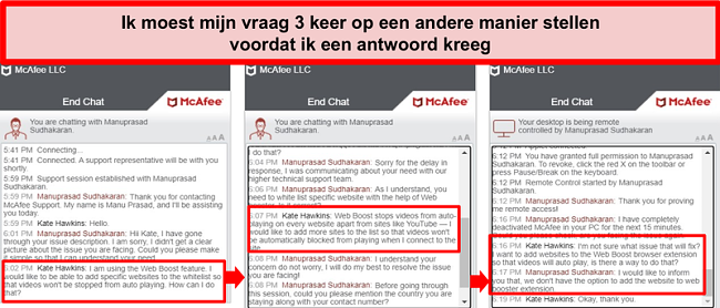 Screenshot van McAfee live chat die probeert een technische vraag op te lossen