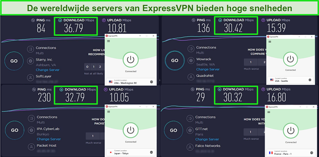 Schermafbeelding van ExpressVPN die is aangesloten op verschillende servers en Ookla speedtests