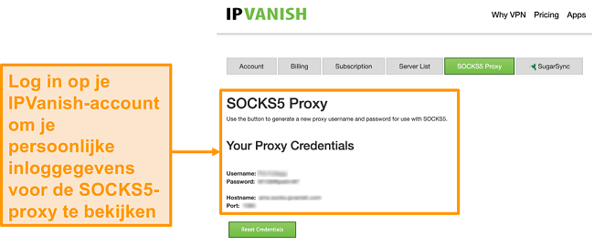 Schermafbeelding van de gratis SOCKS5-proxyserverreferenties van IPVanish op de website