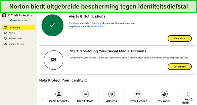 Screenshot van het Norton ID Theft Protection-dashboard.