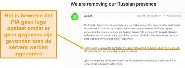 Screenshot van de website van Private Internet Access VPN met een blogpost waarin de reden achter pia's terugtrekking uit Rusland wordt beschreven