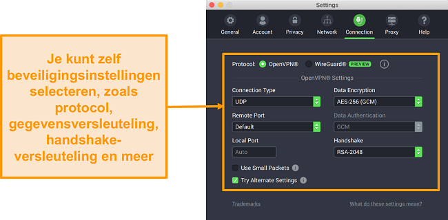 Schermafbeelding van VPN voor privé-internettoegang en de bijbehorende app voor Mac met de aanpassingsopties van het tabblad Verbinding