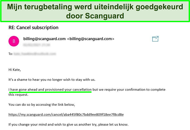 Screenshot van een gebruiker die een terugbetaling aanvraagt met de geld-terug-garantie van het klantenondersteuningsteam van Scanguard