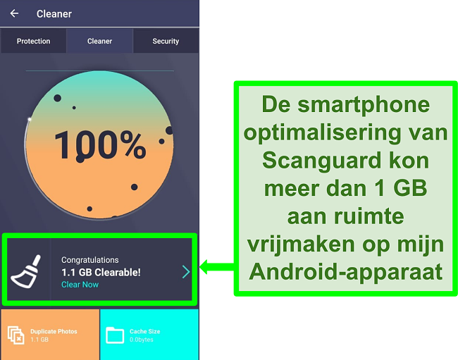 Screenshot van Scanguard's Cleaner-functie op Android die meer dan 1 GB aan dubbele foto's wist.
