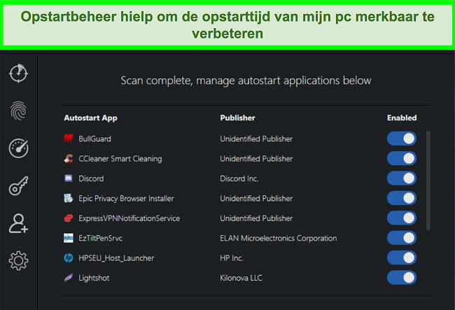 Screenshot van Scanguard's Startup Manager met autostart-applicaties vermeld.