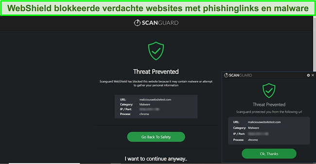 Screenshot van Scanguard's WebShield-functie die de toegang tot een malwaretestwebsite blokkeert.