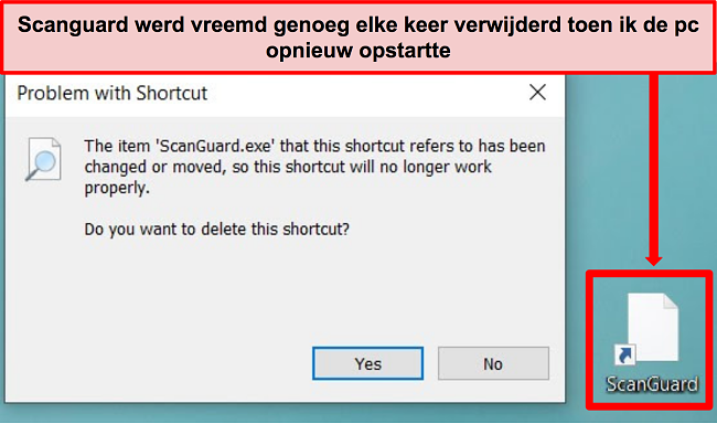 Screenshot van de kapotte snelkoppeling van Scanguard op Windows-pc.