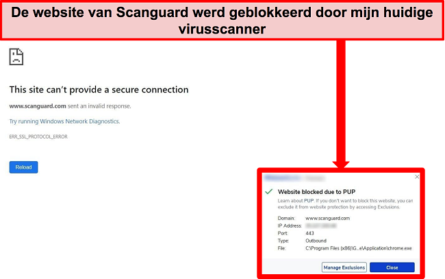 Screenshot van antivirus die de website van Scanguard blokkeert vanwege PUP.