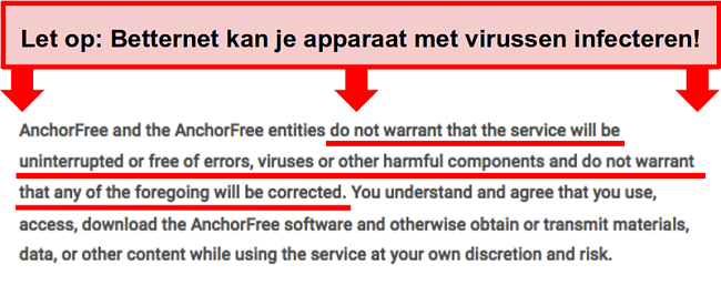 Schermafbeelding van de voorwaarden van Betternet die geen bescherming tegen malware garanderen