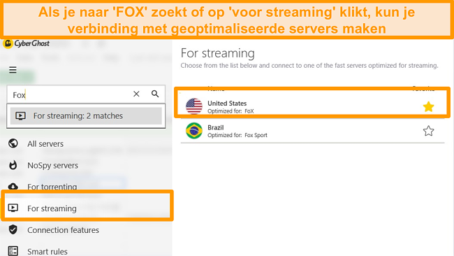 Screenshot van het geoptimaliseerde servermenu van CyberGhost met de FOX-server gemarkeerd