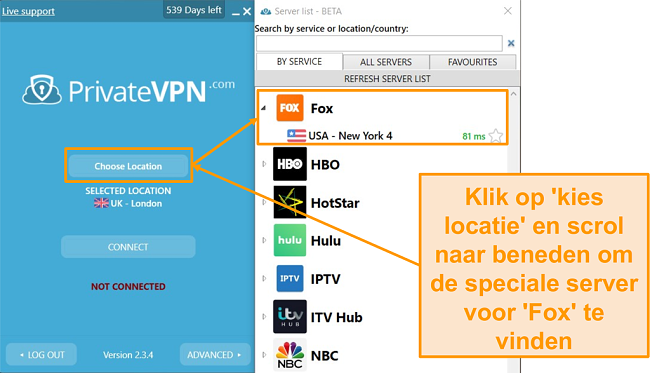 Schermafbeelding van de PrivateVPN-serverlijst met FOX dedicated server gemarkeerd