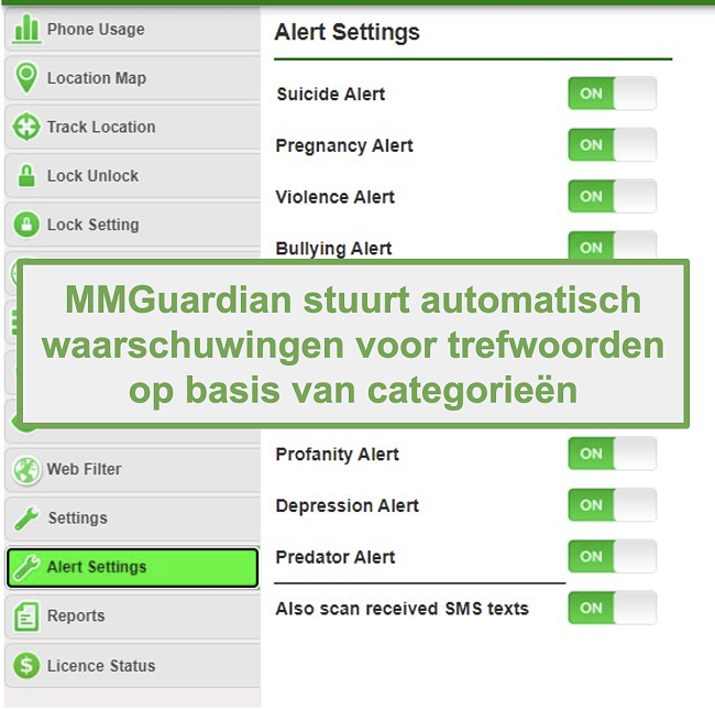 Pillanatkép arról, hogy az MMGuardian automatikusan riasztásokat küld a kategória alapú kulcsszavakról