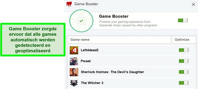 Screenshot van de Game Booster-functie van BullGuard met een lijst met automatisch geoptimaliseerde spellen