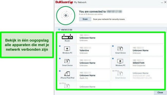Schermafbeelding van BullGuard's netwerkscanner en apparaten die actief zijn verbonden met een netwerk.
