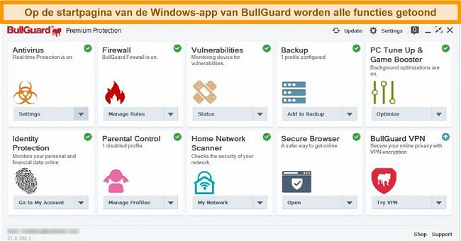 Screenshot van de hoofdinterface van BullGuard zoals deze wordt weergegeven op Windows.