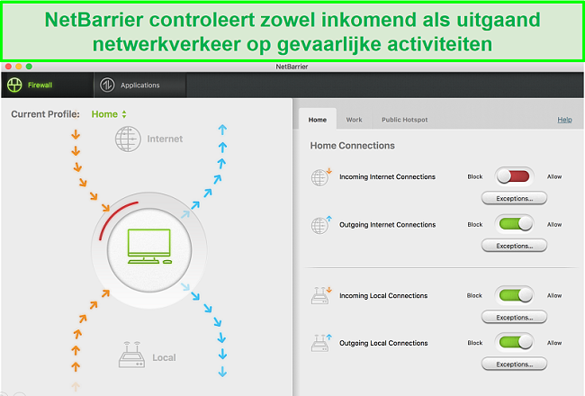 Screenshot van de Intego NetBarrier-gebruikersinterface die inkomend en uitgaand netwerkverkeer beschermt