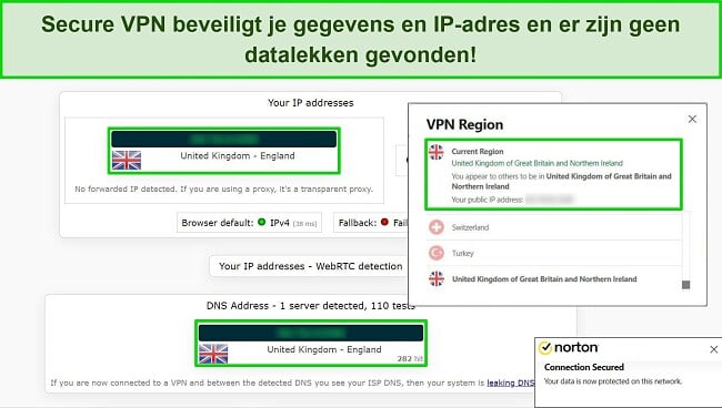 Screenshot van Norton's Secure VPN verbonden met een server in het VK, met de resultaten van een IP-lektest waaruit blijkt dat er geen datalekken zijn.