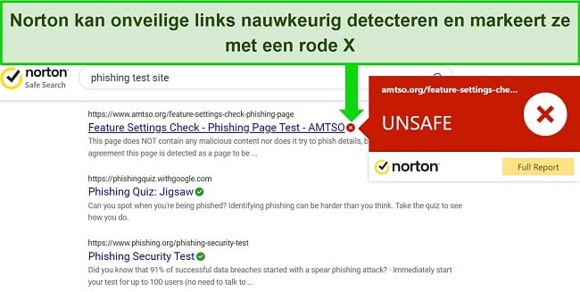 Screenshot van de Safe Search-browserextensie van Norton die veilige en onveilige URL's nauwkeurig detecteert