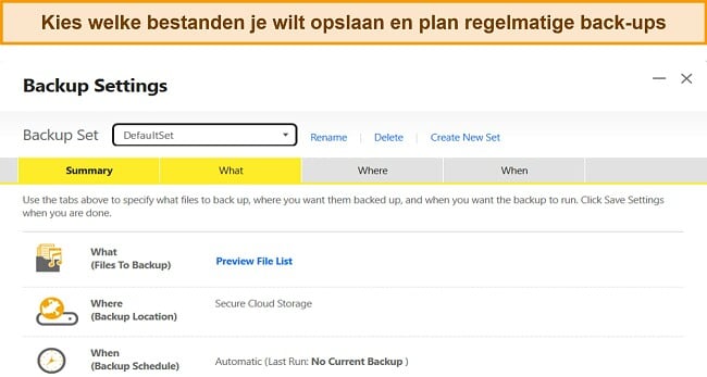 Screenshot van de functie Back-upinstellingen van Norton in Windows.