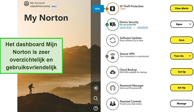 Screenshot van Norton's My Norton-dashboardinterface op Windows.