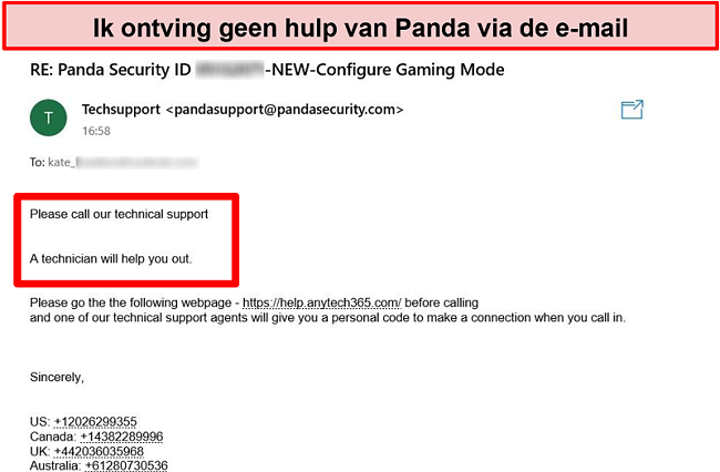 Screenshot van e-mail ontvangen van Panda's technische ondersteuning