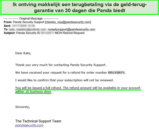 E-mail met volledige terugbetaling goedgekeurd door Panda antivirus met de 30 dagen geld-terug-garantie