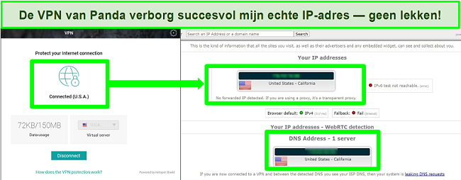 Screenshot van Panda's VPN verbonden met een Amerikaanse server en IPLeak.net lektestresultaten.