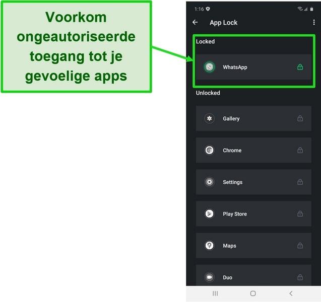 Screenshot met de App Lock-functie op de Android-app van TotalAV