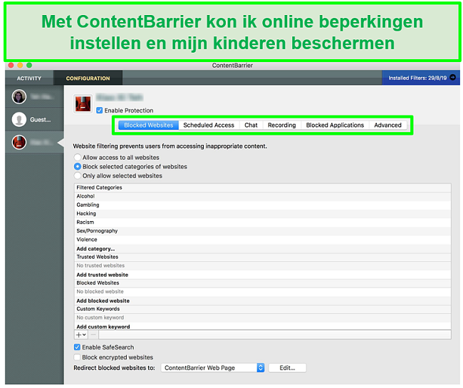 screenshot van ContentBarrier-interface met verschillende instellingen voor ouderlijk toezicht