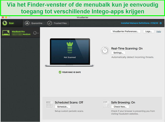 Screenshot van hoe u toegang krijgt tot verschillende Intego-apps vanuit het Finder-venster van de menubalk