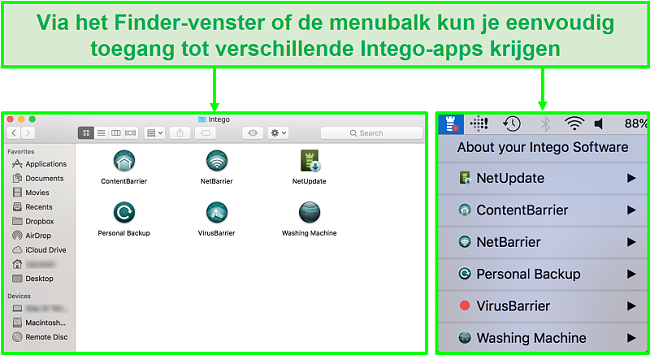 Screenshot van hoe u toegang krijgt tot verschillende Intego-apps vanuit het Finder-venster of de menubalk