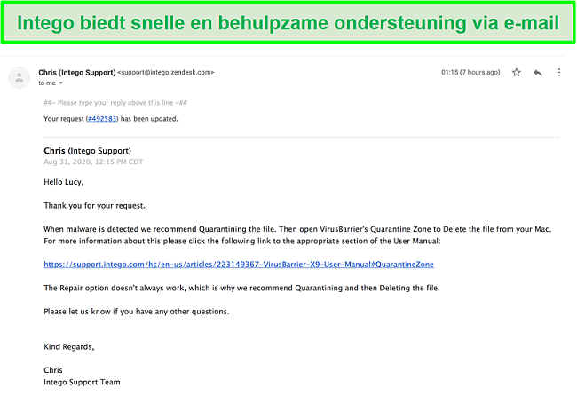 Screenshot van een snel en nuttig e-mailgesprek met het ondersteunend personeel van Intego.