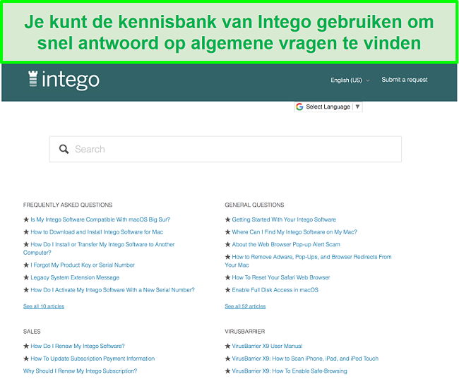 Screenshot van Intego's kennisbank met veel voorkomende vragen en antwoorden