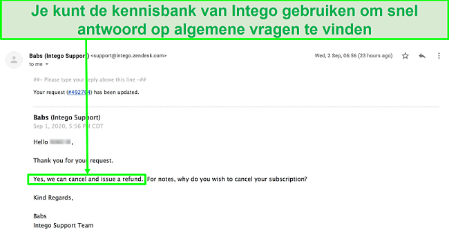 Schermafbeelding van e-mailgesprek met de klantenondersteuning van Intego die mijn terugbetalingsverzoek onmiddellijk verwerkt zonder dat er vragen worden gesteld.