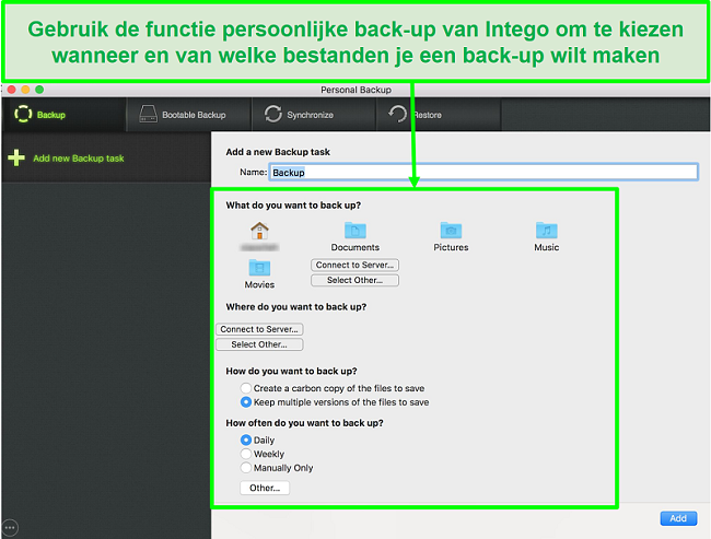 Screenshot van Intego persoonlijke back-upinterface met aanpasbare gegevensback-upopties