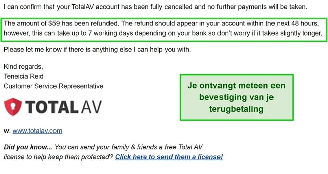 Screenshot van de e-mail ter bevestiging van de terugbetaling van TotalAV