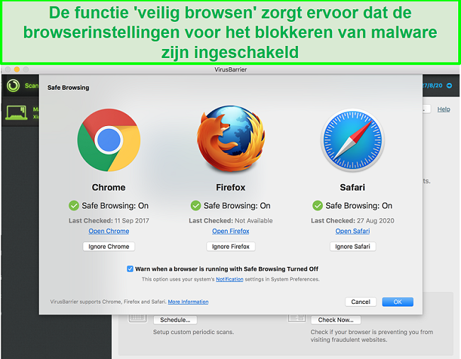 Screenshot van de Intego-interface die laat zien dat verschillende webbrowsers veilig browsen zijn ingeschakeld