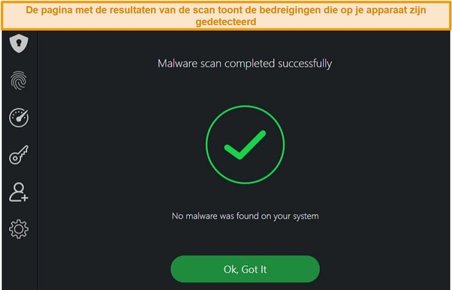 Screenshot van de resultaten van de virusscan van TotalAV