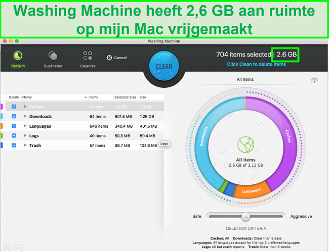 Screenshot van de wasmachinefunctie op Intego die ongewenste bestanden identificeert om te verwijderen