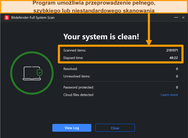 Zrzut ekranu ukończonego skanowania systemu Bitdefender.