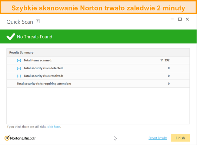 Zrzut ekranu z wynikiem szybkiego skanowania programu Norton 360