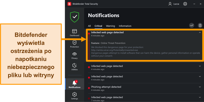 Powiadomienia o zagrożeniach na pulpicie Bitdefender.