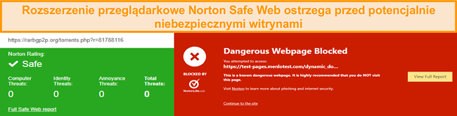 Zrzut ekranu programu Norton Safe Web potwierdzający, że witryna jest bezpieczna lub niebezpieczna.