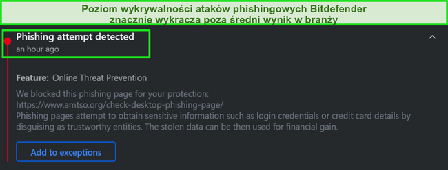 Ostrzeżenie przed phishingiem Bitdefender.