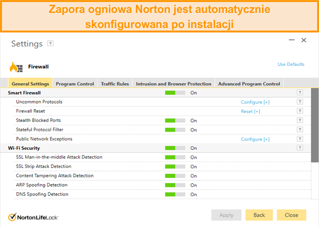 Zrzut ekranu ustawień zapory sieciowej Norton 360 w systemie Windows.